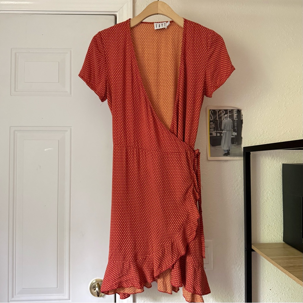 Fayt Australia Rust Polka Dot Viscose Short Sleeve Ruffle Mini Wrap Dress